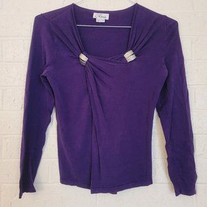 chaus purple silk cross neck sweater w/ silver accents
